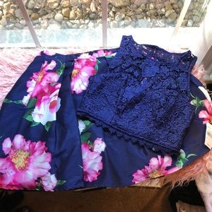 Sequin Hearts 2-Piece Navy Lace Floral Pleat Dress
